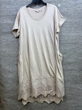 LOGO Lavish T Shirt Dress Womens 2XP Beige Embroidered Hem Swing Knit Midi